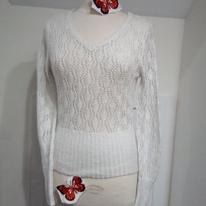 Vintage V Neck Open Knit Silver Grey Sparkle Sweater